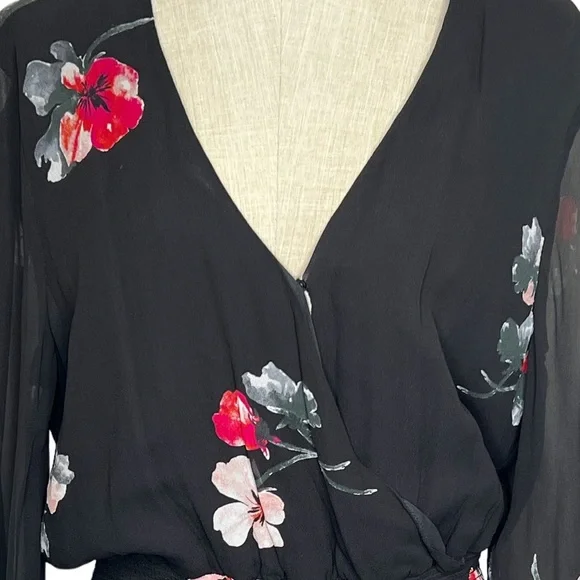 NWT Witchery Womens Dress Black Size 12 V-Neck Sheer Sleeves Maxi Red Flower - Picture 4 of 16